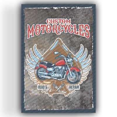 Custom Motorcycles Ahşap Retro Vintage Poster 