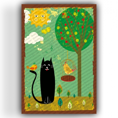 Black Cat Art Ahşap Retro Vintage Poster 