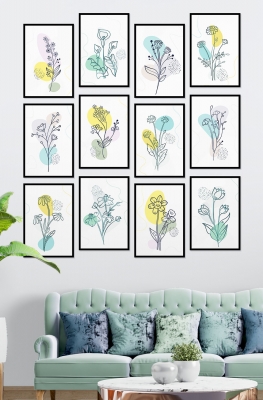 12 Parça Mdf Tablo Seti 20*30 cm Çiçek Çizgi Sanatı