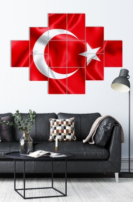 Türk Bayrağı 12 Parçalı Ahşap Mdf Tablo Seti