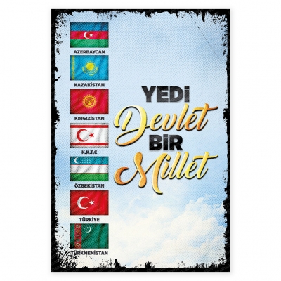 Yedi Devlet Bir Millet Ahşap Retro Poster