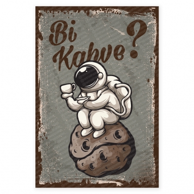 Bir Kahve? Ahşap Retro Poster