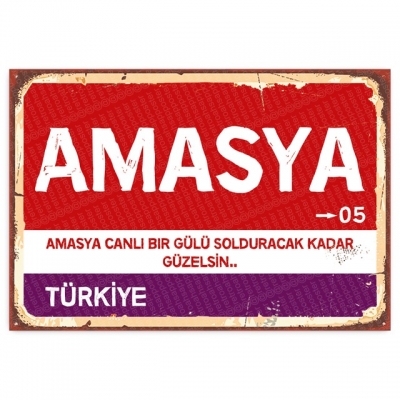 Amasya Retro Şehir Tabelası- ahşap retro poster