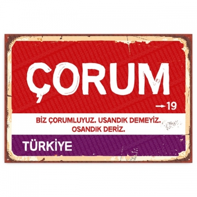 Çorum Retro Şehir Tabelası- ahşap retro poster