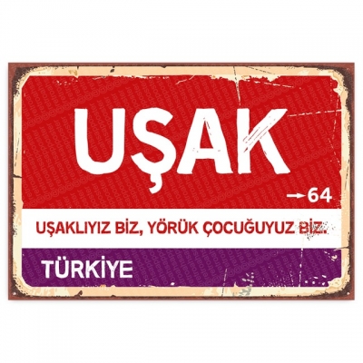 Uşak Retro Şehir Tabelası- ahşap retro poster